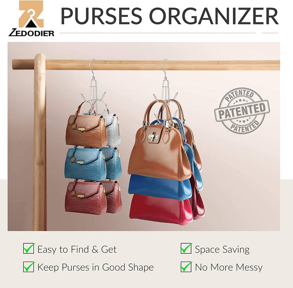 ZEDODIER Purse Hanger Organizer for Closet, 2 Pack Hanging Bag Holder, Keeping Purses Visible and in Good Condition, Metal Handbag Storage Hook Backpack Rack Space Saving Hanger, Silver