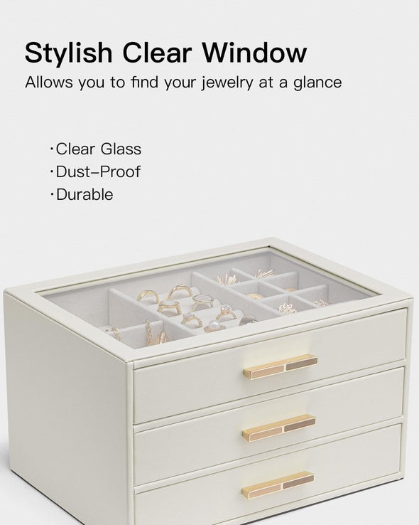 Vlando Jewelry Box for Women, Glass Lid Jewelry Organizer with 3 Drawers for Necklaces Rings Earrings Bracelets Mother Day Gift for Mom - Cloud White
