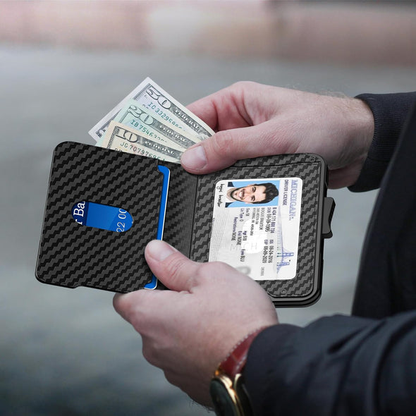 Wallet for Men - Pop up Case, Cash Slot, and Credit Card Wallet - Slim Minimalist Aluminum Front Pocket Wallet with RFID Blocking/Id Window (Carbon Fiber)