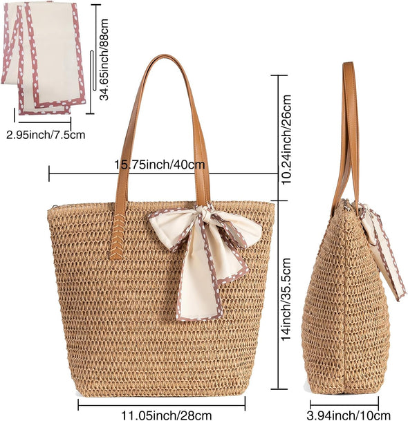 Large Straw Beach Bag: Women'S Handwoven Tote with Zipper Pocket - 2025 Lightweight Summer Purse for Travel & Work