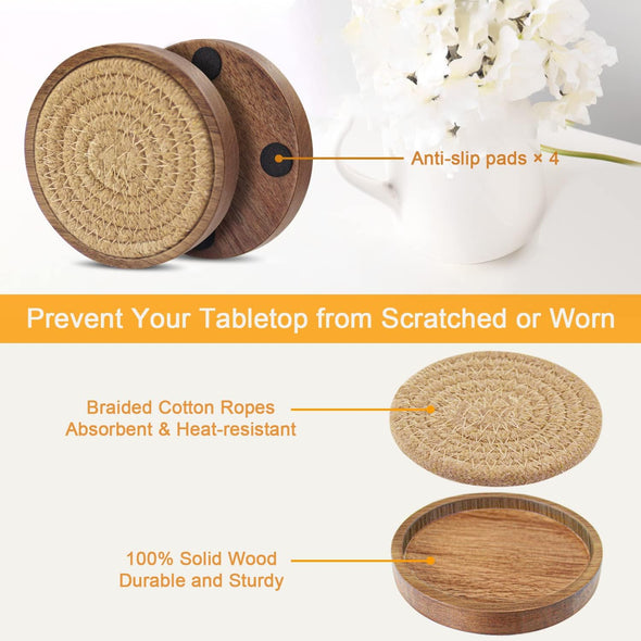 Wood Coasters for Drinks, Eykao Absorbent Coaster Sets of 5, Woven Drink Coasters for Coffee Table, Housewarming Gift for Farmhouse Home Decor,4 Inches