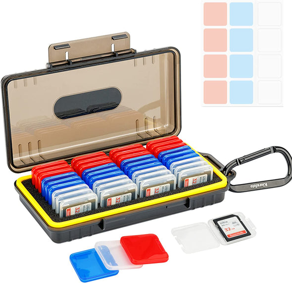 Kiorafoto SD Card Case with 36 Pack Individual Clear Plastic Memory Card Holders for 36 SD SDXC SDHC Cards,Water-Resistant Anti-Shock Anti-Dust SD Card Carrying Organizer Storage Protector with Labels