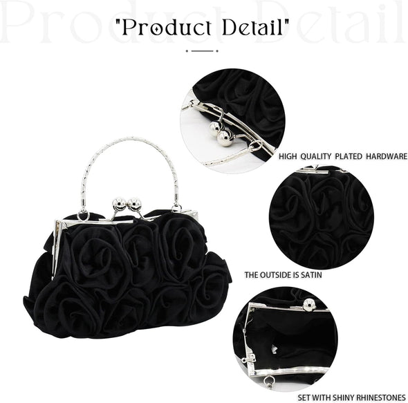Women Evening Clutch Bag Floral Satin Small Purses with Detachable Strap for Wedding, Party, Prom