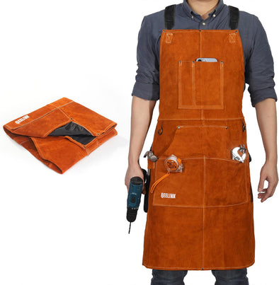 Qeelink Leather Welding Work Apron with 6 Tool Pockets, Heat & Flame Resistant Apron, 24" X 36", Adjustable M to XXXL