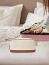 Telena Makeup Bag Large Capacity Travel Cosmetic Bag Portable PU Leather Water Resistant Makeup Organizer Bags for Women with Handle and Divider Open Flat Beige with Brown