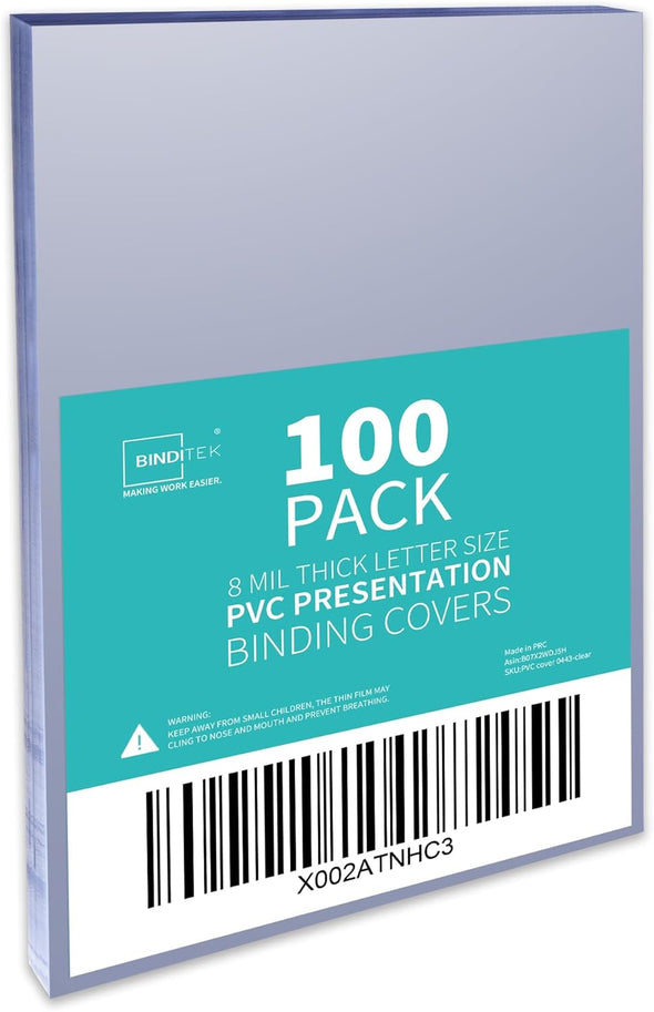 Binditek 100 Pack 8Mil PVC Clear Binding Presentation Covers, Letter Size, 8.5 X 11 Inches, Square Corners, Un-Punched, Office Supplies