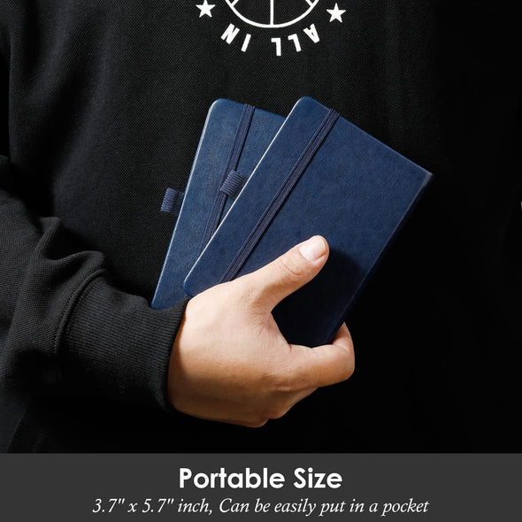 Pocket Notebook Journals, 3 Pack Mini Small Notebooks for Work, Leather Cover Notepad with 3 Pens, Elastic Closure, Blue