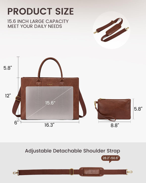 LOVEVOOK Laptop Tote Bag for Women, Vintage Leather Work Bag with Cup Holder, Waterproof Computer Purse, Professional Briefcase Office Shoulder Handbag, 15.6 Inch, Brown