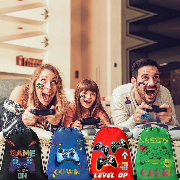 61 Pcs Video Game Party Favors, Gamer Party Favors Bags Includes 12 Pcs16 X 13 Inch Video Game Party Drawstring Bags Slap Bracelets Keychains Tattoo Stickers for Kids Gaming Party Favor