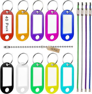 40 Pack Key Tags, 10 Colors Key Labels, Comes with 10 Ball Chains and 4 Cable Key Rings for Home, Office Key Management.