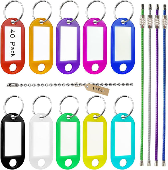40 Pack Key Tags, 10 Colors Key Labels, Comes with 10 Ball Chains and 4 Cable Key Rings for Home, Office Key Management.