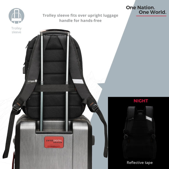 Swissdigital Design Travel Laptop Backpack, College Laptops Backpack with USB Charging Port for Men and Women Fits 16 Inch Notebook, Black | ANDWIL