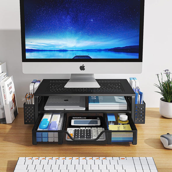 Simple Trending 2 Tier Metal Monitor Stand Monitor Riser and Computer Desk Organizer with Drawer and Pen Holder for Laptop, Computer, Imac, Black