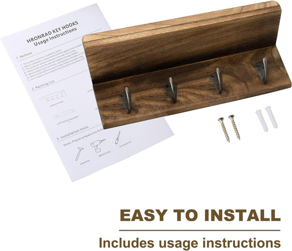 Rustic Key Holder for Wall, Farmhouse Wall Shelf with 4 Hooks, Wall Mounted Key Racks, Wooden Mail Organizer with Hooks for Entryway (Brown)