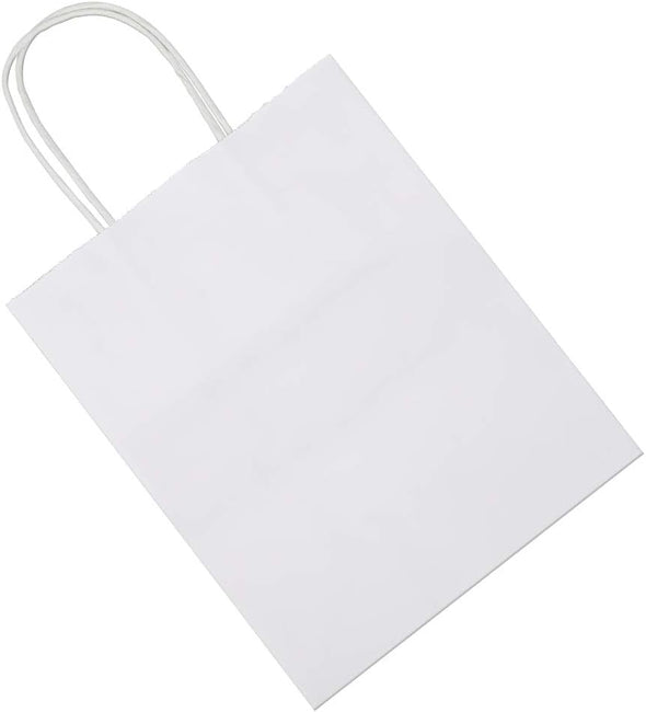 Bagmad 50 Pack 8X4.75X10 Inch Medium White Kraft Paper Bags with Handles Bulk, Gift Bags, Craft Grocery Shopping Retail Birthday Party Favors Wedding Sacks Restaurant Takeout, Business (50Pcs)