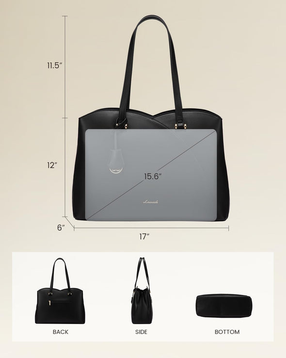 LOVEVOOK Laptop Tote Bag for Women, Work Bags Laptop Bag Teacher Tote Bag, Leather Computer Bag Large Purses Handbag Professional Briefcase, Black, Fits 15.6 Inch Laptop, Black