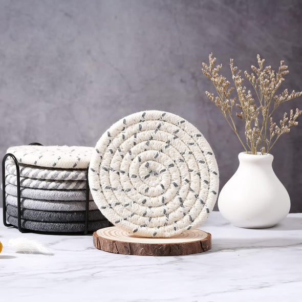 Mckanti 8 Pcs Drink Coasters with Holder, 4 Colors Absorbent Coasters, Minimalist Cotton Woven Coaster Set for Living Room Decor, Tabletop Protection Suitable for Kinds of Cups, 4.3 Inches