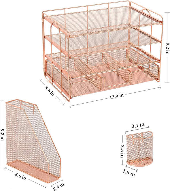 Gianotter Paper Letter Tray Organizer with File Holder, 4-Tier Desk Accessories & Workspace Desk Organizers with Drawer and 2 Pen Holder for Office Supplies (Rose Gold)