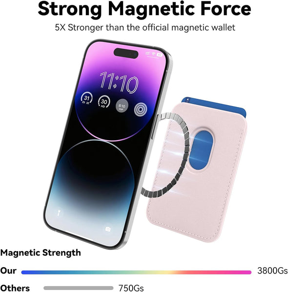 Magnetic Mag-Safe Wallet Cell Phone Card Holder for Phone Case with Mag-Safe, Stronger Magnetic RFID Leather Phone Wallet Stick on Series of Iphone 15/14/13/12 and Pro/Promax, Light Pink