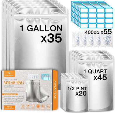 100PCS Mylar Bags with 400Cc Oxygen Absorbers, 11.8 Mil Thicker Long Term Food Storage Bag, 1 Gallon 10X14 6X9 4X6 Stand-Up Zipper Resealable Heat Sealable for Airtight Smell Proof Packaging