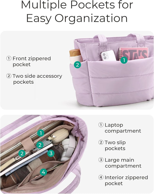 BAGSMART Tote Bag for Women, Lightweight Puffy Tote Bag with Compartments, Quilted Shoulder Bag Handbag for Travel, Work