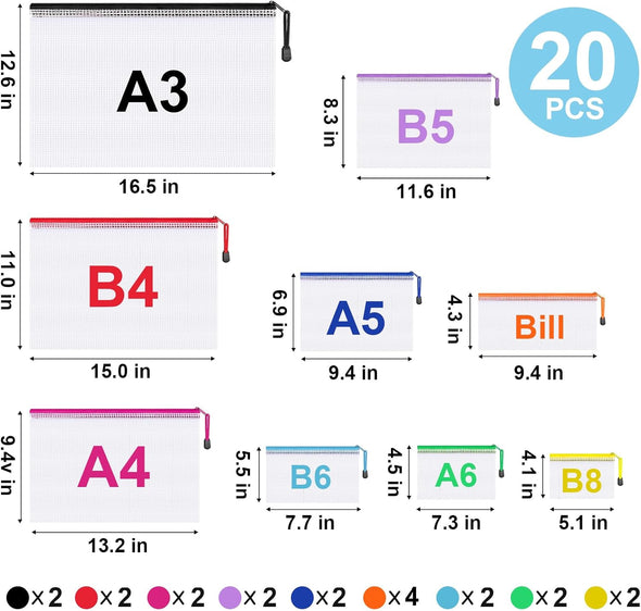 20Pcs Mesh Zipper Pouch Bags,9 Sizes Plastic Zipper Bags for Organization,Reusable Zipper Pouches for Puzzle Board Game Storage,For Travel School Office Supplies.