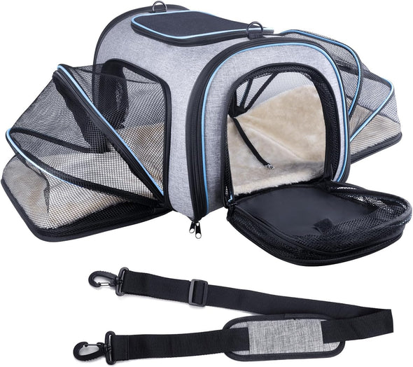 Siivton 4 Sides Expandable Pet Carrier, Airline Approved Soft-Sided Dog Cat Carrier Bag with Fleece Pad for Cats, Puppy and Small Animals (4 Extension Gray_Blue, L:18.0" L X 11.0" W X 11.0" H)