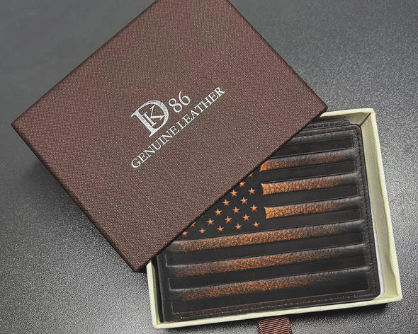 DK86 Mens Wallet USA Flag Bifold Wallet for Men RFID Blocking Full Grain Leather with Hand Burnished Extra Capacity Multiple Card Slots with 2 ID Windows