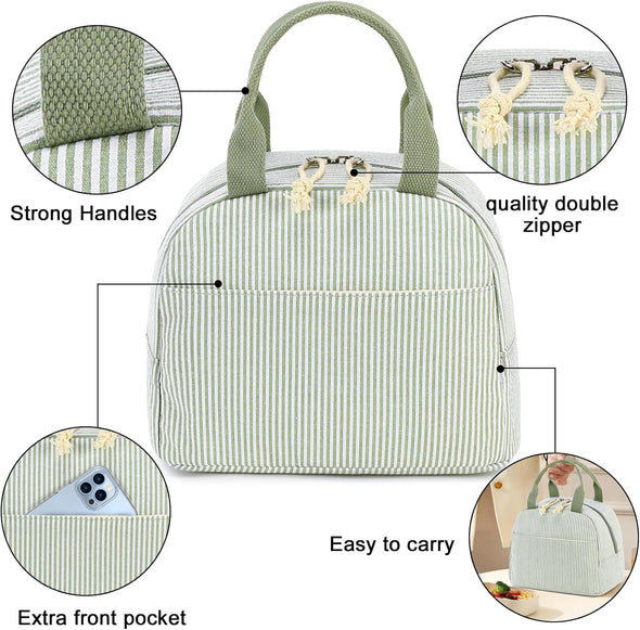 Bluboon Lunch Bag for Women Men Cute Corduroy Lunch Tote Bags Reusable Insulated Lunch Box Large Capacity Reusable Insulated Cooler for Work Picnic or Travel (Stripes Green)