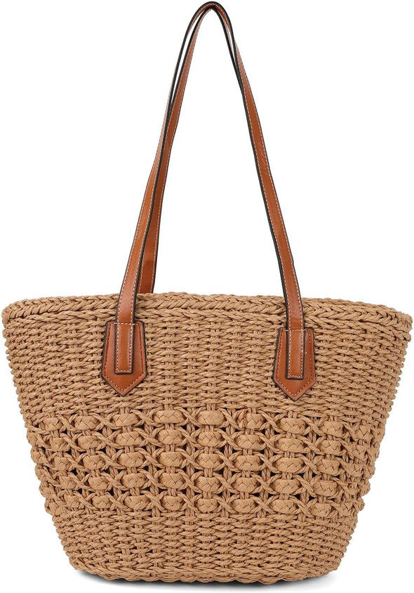 Women'S Straw Shoulder Bag Large Rattan Woven Totes Summer Travel Beach Handbag Handmade Top Handle Purse