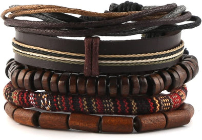 HZMAN Wrap Bracelets Men Women, Hemp Cords Wood Beads Ethnic Tribal Bracelets, Leather Wristbands