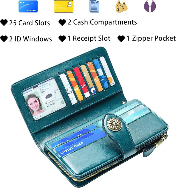 Travelambo Women'S Wallet RFID Blocking Credit Card Holder Large Capacity Wristlet Leather Wallets Purse