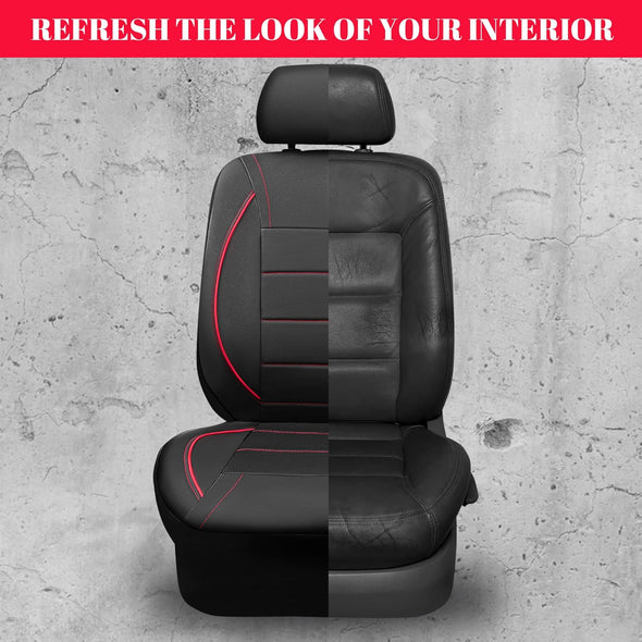 CAR PASS Universal FIT Piping Leather Two Front Seat Covers, Waterproof Faux Leather for SUV Sedan Van Truck, Airbag Compatible,Reserved Opening Holes for Headrest Covers. (Black Red)