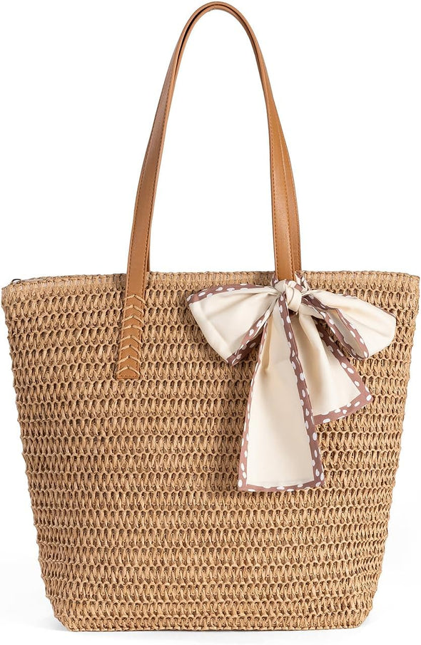 Large Straw Beach Bag: Women'S Handwoven Tote with Zipper Pocket - 2025 Lightweight Summer Purse for Travel & Work