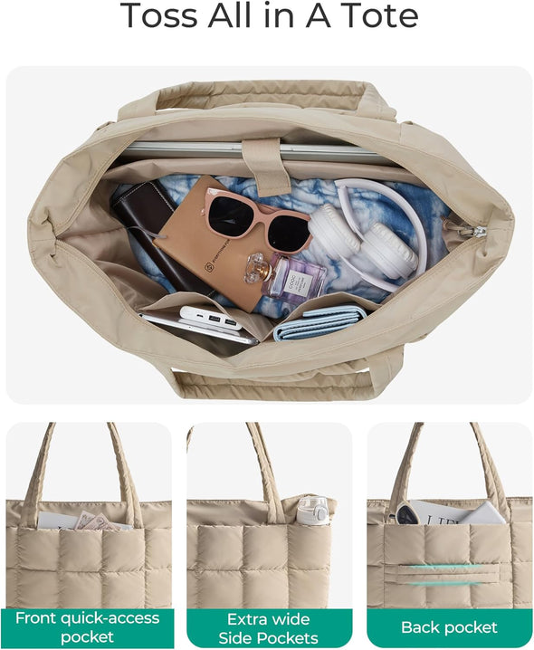 BAGSMART Expandable Tote Bag for Women, Puffer Work Tote Water-Resistant Quilted, Nurse and Carry-On Travel Gym Bag