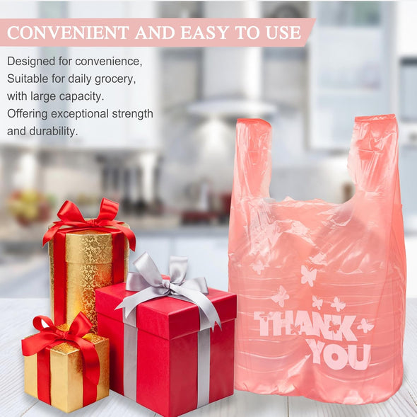 PINK Thank You Bags, 100PCS T Shirt Bags, to Go Bags,Grocery Bags, Reusable and Disposable,Perfect for Small Business,Take Out,Retails,11 Inchx6 Inchx21 Inch(100),Large