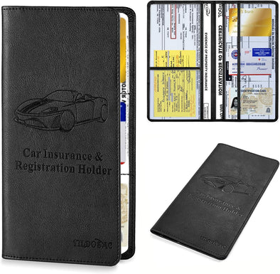 Leather Car Registration and Insurance Card Holder, Car Document Holder for Cards License with Magnetic Shut (Black, Large)