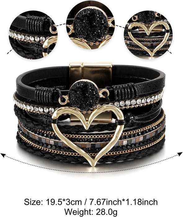 Fesciory Leopard Bracelet for Women, Boho Leather Wrap Multi-Layer Pearl Crystal Bracelet Bangle Jewelry