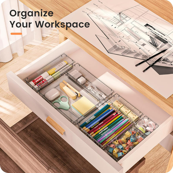 A-Lugei 【Crystal Design】 Clear Desk Drawer Organizer,【Military Grade】 Acrylic Makeup Organizer, Bathroom Organizers and Storage, Drawer Divider for Office Kitchen Bedroom Vanity Jewelry Pantry Garage