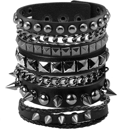 Eigso Leather Punk Rock Cuff Bracelets for Men Women Retro Vintage Chain 80S Wristband Set for Man Woman