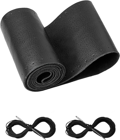 Belinous Leather Steering Wheel Cover Lace Up, Stitch on Wrap, Universal Fit 13-20 Inch Car Truck SUV Pickup Boat, a Whole Piece of Cowhide, DIY Stitch W/Needle Thread (Size M4, Black)