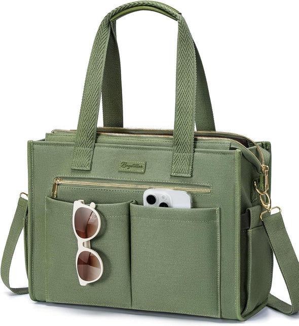 Canvas Tote Bag for Women, 15-Pockets Work Laptop Tote Purse Large Crossbody Nurse Teacher Bible Bag for School Travel Daily