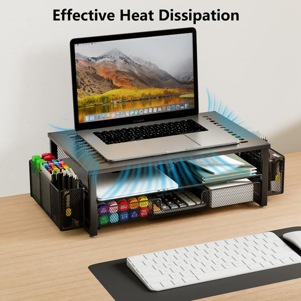 Gianotter Desk Computer Monitor Stand Riser with Drawer and 2 Pen Holder, Desk Organizer, Monitor Stand for Desk, Storage for Classroom Office Supplies Decor (Black)