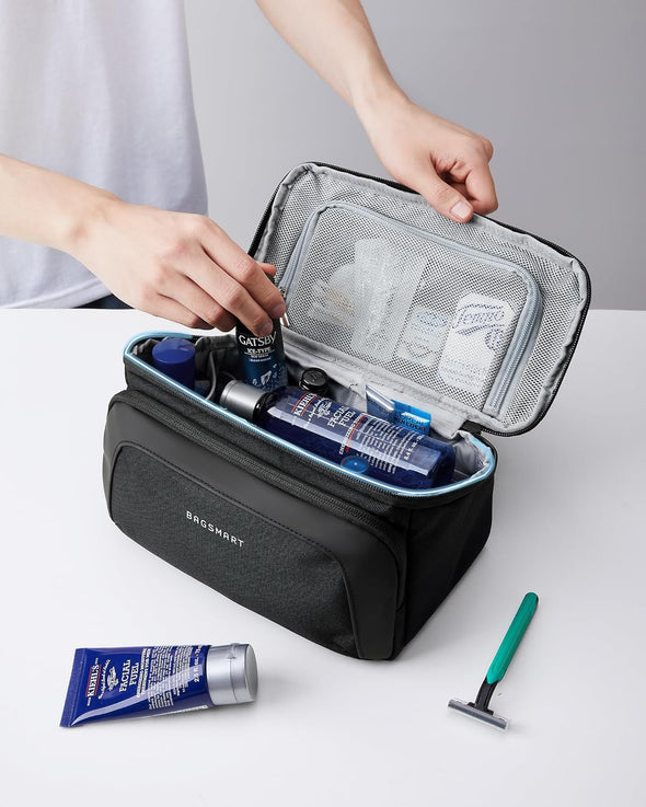 BAGSMART Toiletry Bag for Men, Wide Opening Travel Bag for Toiletries, Dopp Kit Water Resistant Shaving Hygiene Bag for Bathroom Shower, Toiletries Accessories,Travel Essentials-Black