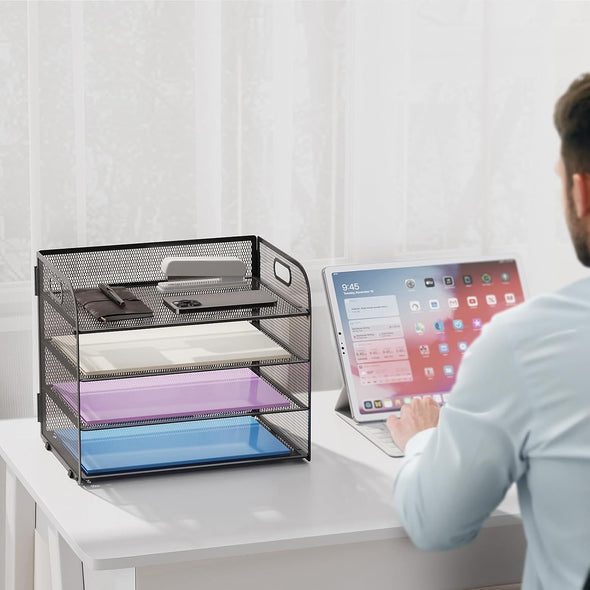 Marbrasse 4 Tier Paper Organizer Letter Tray - Mesh Desk File Organizer with Handle, Paper Sorter Organizer for Letter/A4 Office File Folder Holder (Black, 12.6" X 9.1" X 10.7")