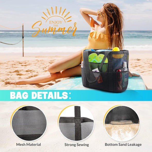 EASYFUN Beach Bag Large Mesh Beach Bag Lightweight Beach Tote with 9 Pockets Foldable Beach Accessories