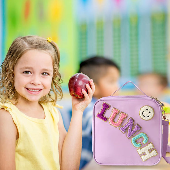 Insulated Lunch Bag with Adjustable Shoulder Strap, Nylon Preppy Lunch Box Large Insulated Lunch Bag Reusable Lunch Tote Bag with Smiley Preppy Lunchbag for Girls School Travel Picnic (Purple)