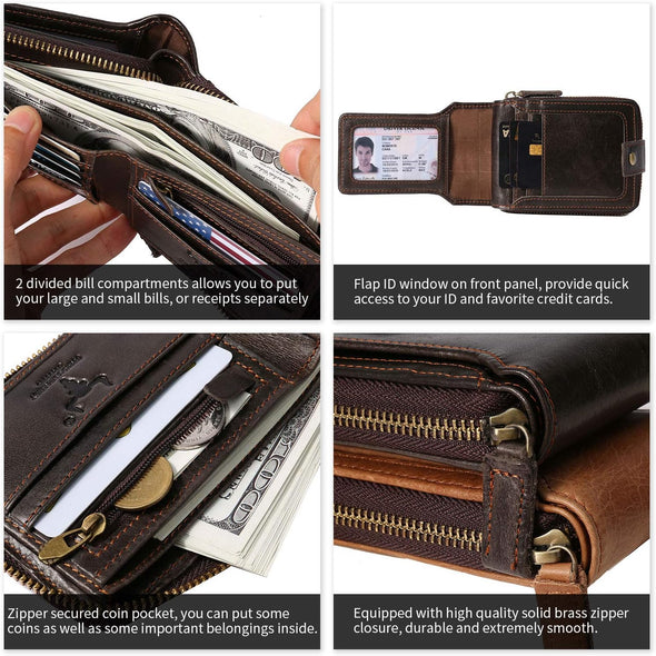 MING CLAN Zipper Wallet Men RFID Blocking Leather Flap ID Window Zip Coin Pocket Bifold Credit Card Wallets -Big Capacity for Travel