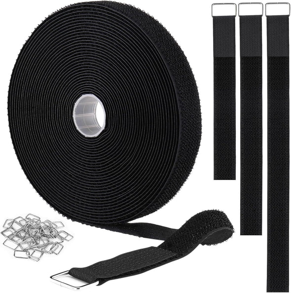 1"X32Ft Hook and Loop Straps with 50 Metal Buckles, Adjustable Fastening Cable Straps, Cut-To-Length Cinch Strap, Reusable Nylon Securing Cord Ties for Organizer or Storage, 1 Inch Wide, Black