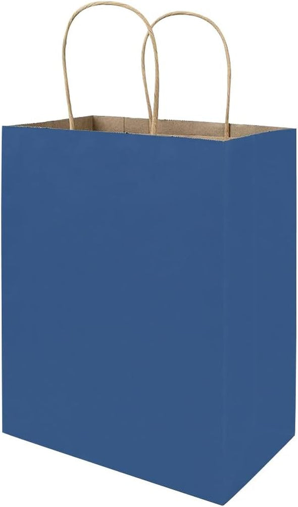 Bagmad 100 Pack 8X4.75X10 Inch Medium Blue Gift Paper Bags with Handles Bulk, Kraft Bags, Craft Grocery Shopping Retail Party Favors Wedding Business Sacks (Blue, 100Pcs)